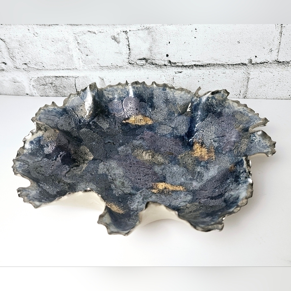 Handmade Sculpted Ceramic Flower Bowl Blue Gold Art Pottery Decorative Dish